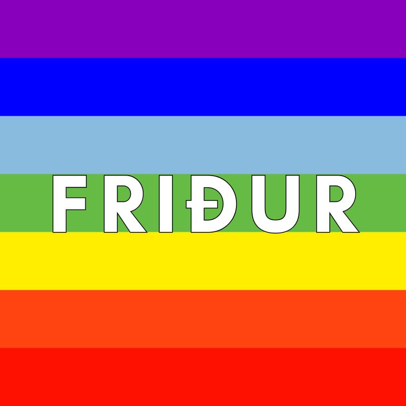 Orðið: "Friður" omaná ein ælabogabakgrund við 7 ymiskar farvur.